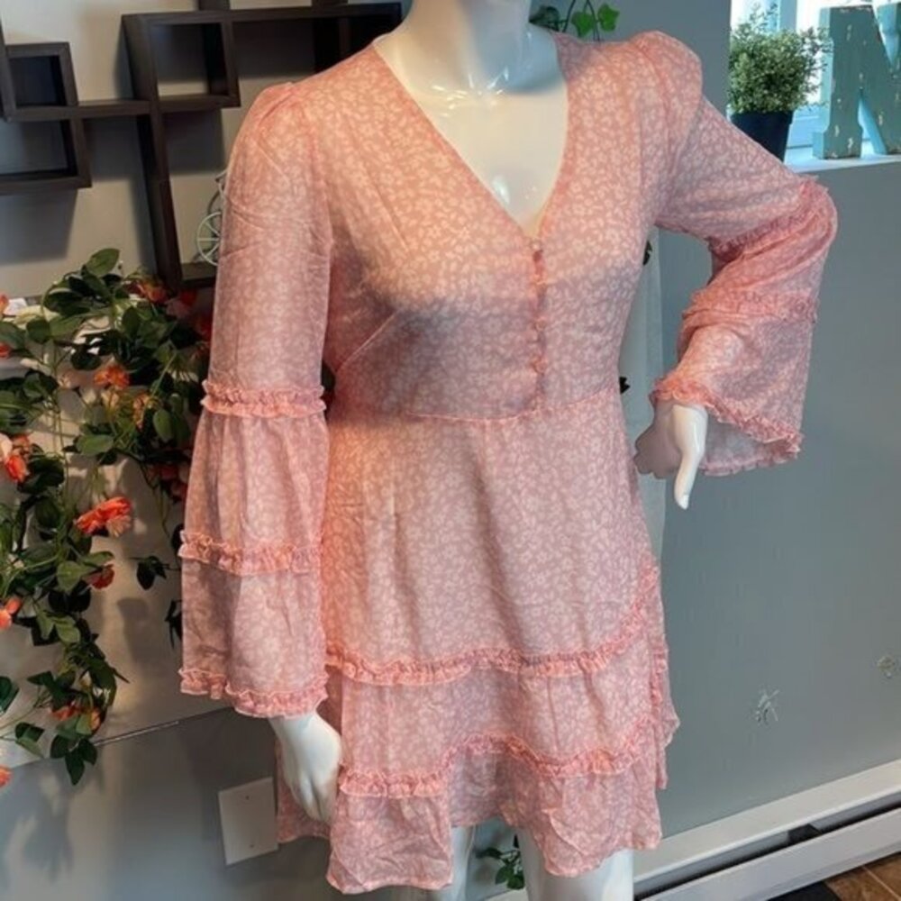 Cupshe Boho Style Varadero‎ Pink V-neck Bell Sleeve Romantic Ditsy Dress size L - Picture 5 of 16